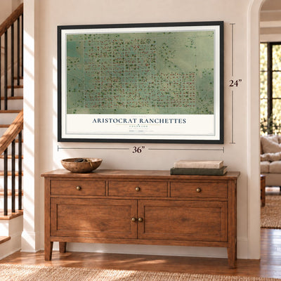 Aristocrat Ranchettes, Colorado map, 24 x 36 inch print in a black frame above a dresser by a staircase