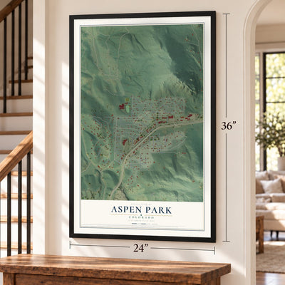 Aspen Park, Colorado map, 24 x 36 inch print in a black frame by a staircase