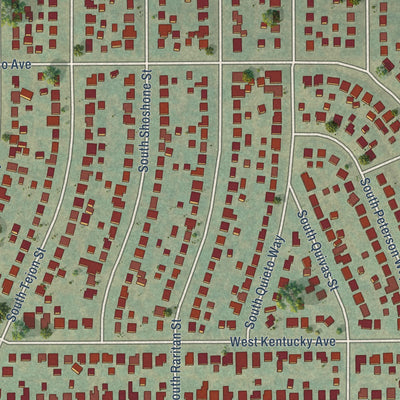 Close-up of the map of Athmar Park, Colorado print showing street and building detail