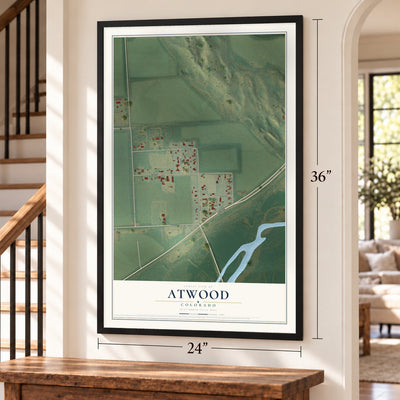 Atwood, Colorado map, 24 x 36 inch print in a black frame by a staircase