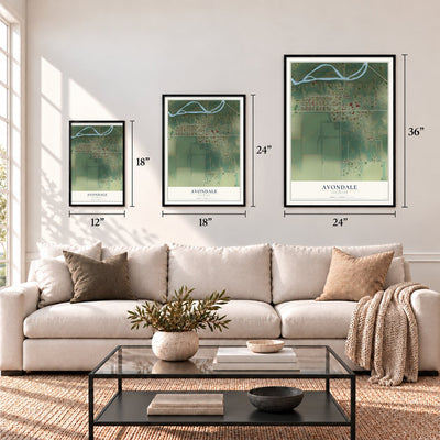 Avondale, Colorado map in 12 x 18, 18 x 24 and 24 x 36 inch sizes above a sofa