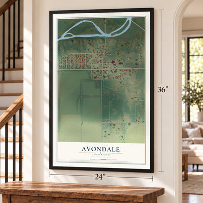 Avondale, Colorado map, 24 x 36 inch print in a black frame by a staircase