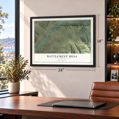 Battlement Mesa, Colorado map, 18 x 24 inch print in a black frame in a home office