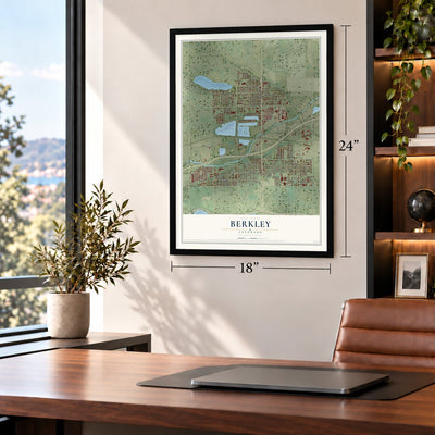 Berkley, Colorado map, 18 x 24 inch print in a black frame in a home office