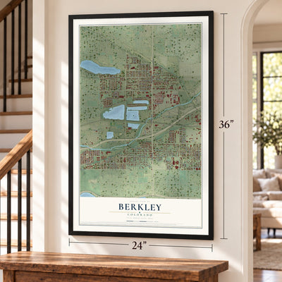 Berkley, Colorado map, 24 x 36 inch print in a black frame by a staircase