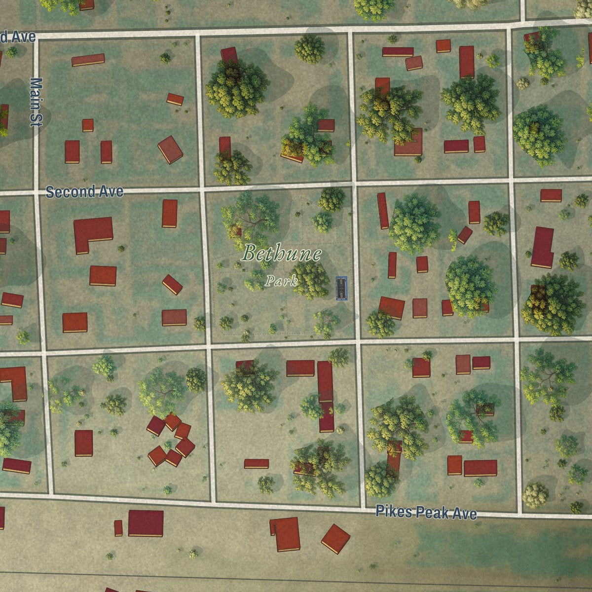 Close-up of the map of Bethune, Colorado print showing street and building detail
