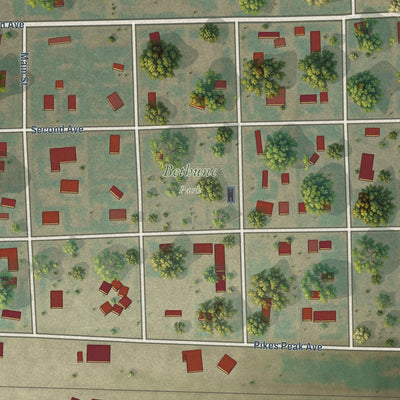Close-up of the map of Bethune, Colorado print showing street and building detail