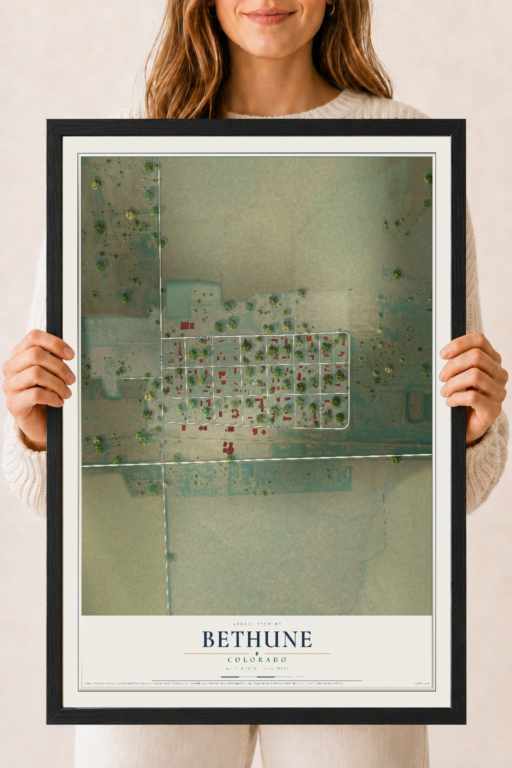 Map of Bethune, Colorado, 18 x 24 inch print in a black wood frame