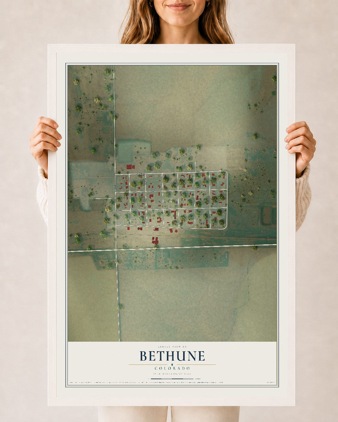Map of Bethune, Colorado, 24 x 36 inch print in a white wood frame