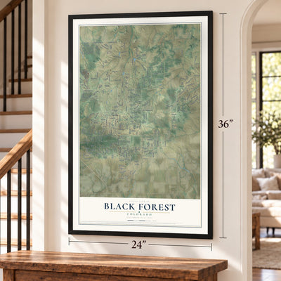 Black Forest, Colorado map, 24 x 36 inch print in a black frame by a staircase