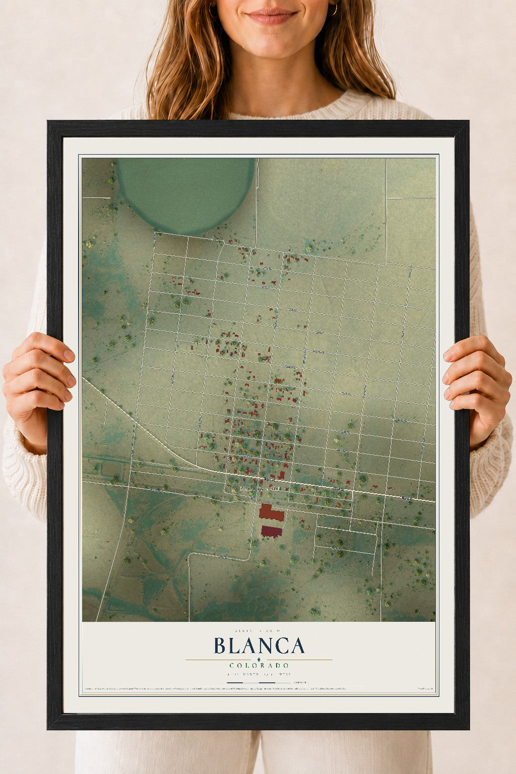 Map of Blanca, Colorado, 18 x 24 inch print in a black wood frame