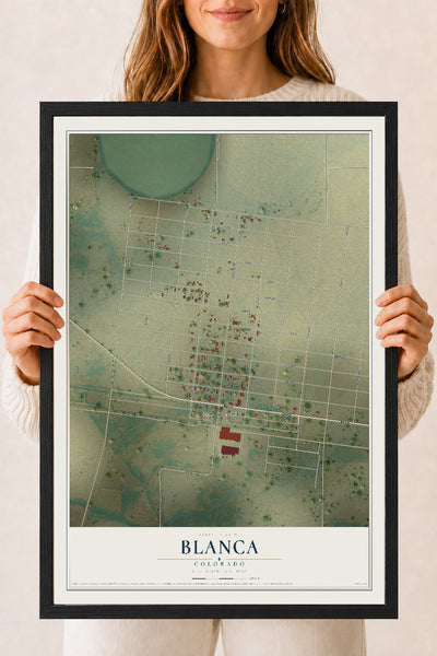 Map of Blanca, Colorado, 18 x 24 inch print in a black wood frame