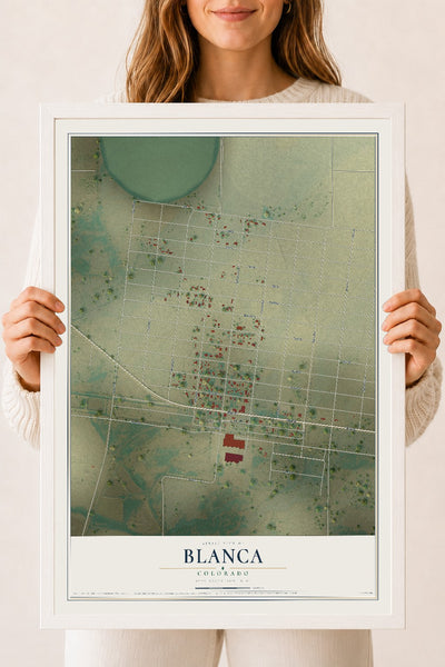 Map of Blanca, Colorado, 18 x 24 inch print in a white wood frame