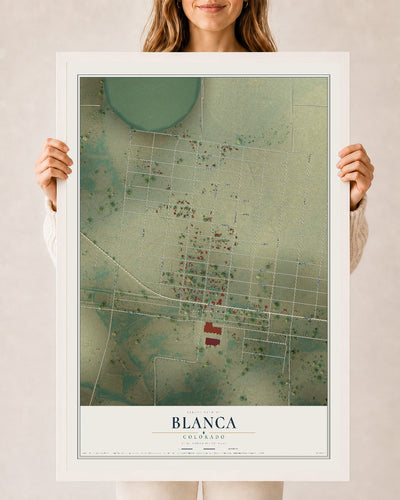 Map of Blanca, Colorado, 24 x 36 inch print in a white wood frame