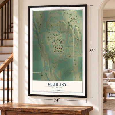 Blue Sky, Colorado map, 24 x 36 inch print in a black frame by a staircase