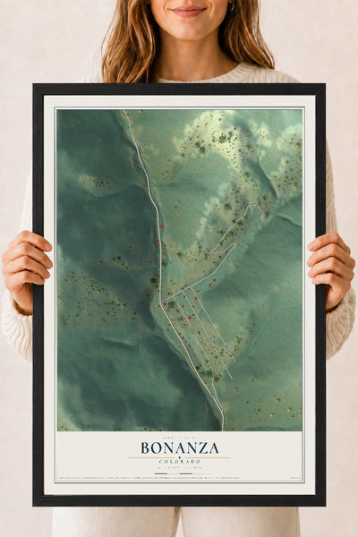 Map of Bonanza, Colorado, 18 x 24 inch print in a black wood frame