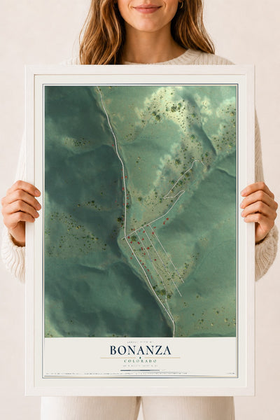 Map of Bonanza, Colorado, 18 x 24 inch print in a white wood frame