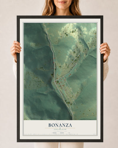 Map of Bonanza, Colorado, 24 x 36 inch print in a black wood frame