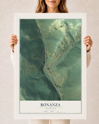 Map of Bonanza, Colorado, 24 x 36 inch print in a white wood frame