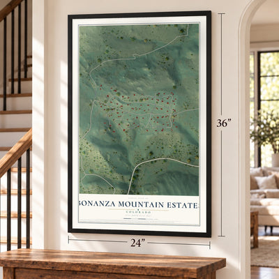 Bonanza Mountain Estates, Colorado map, 24 x 36 inch print in a black frame by a staircase