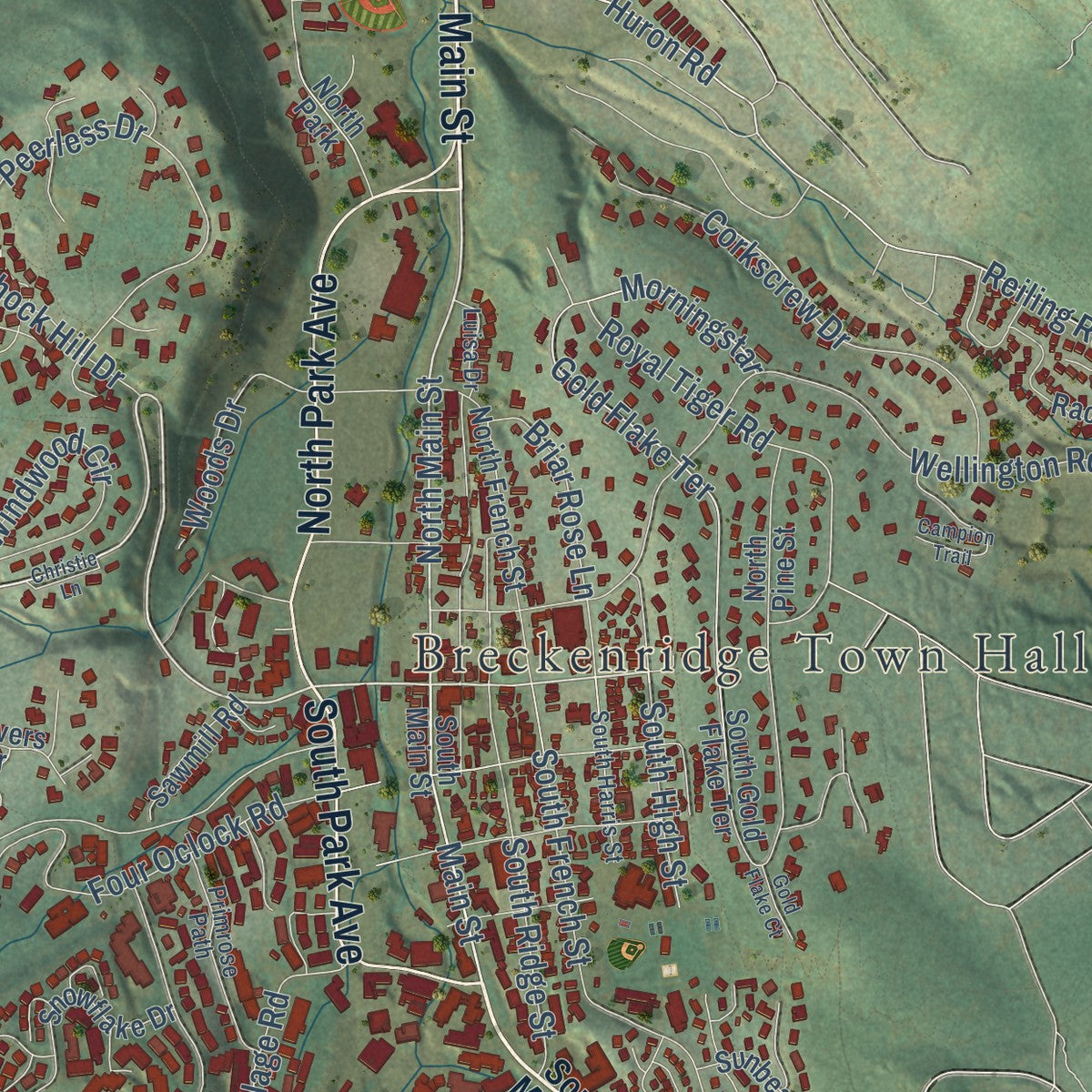 Close-up of the map of Breckenridge, Colorado print showing street and building detail