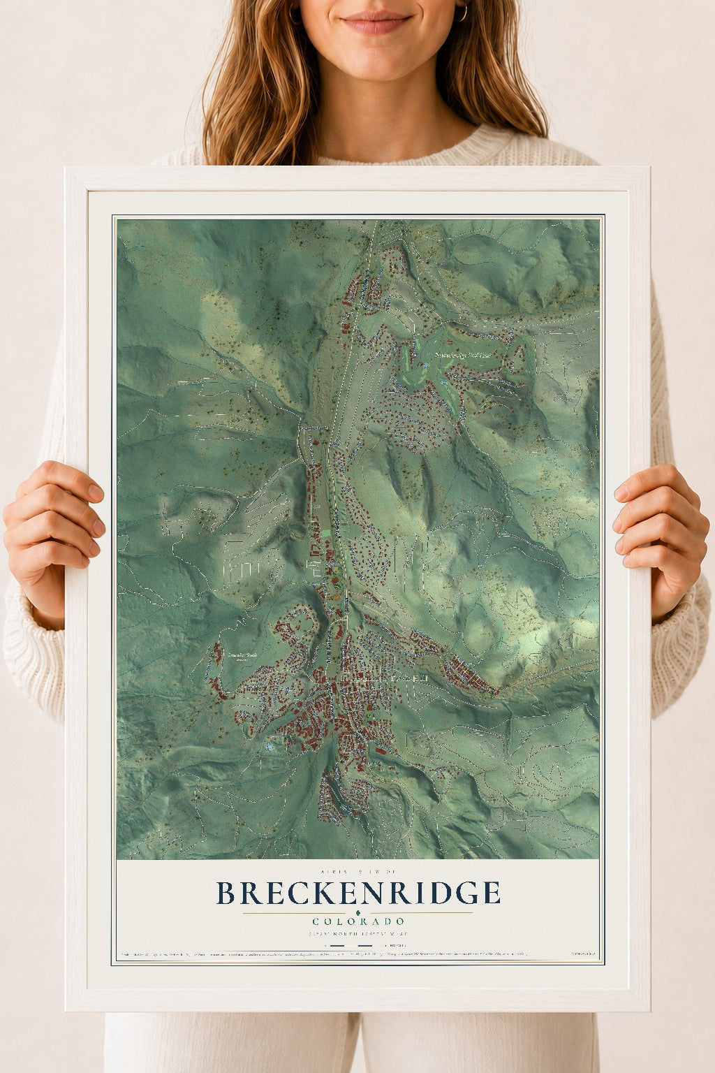 Map of Breckenridge, Colorado, 18 x 24 inch print in a white wood frame