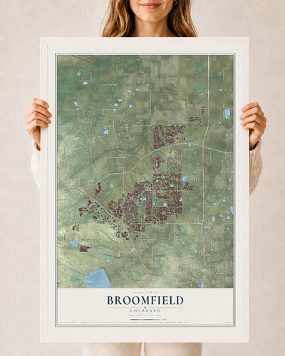 Map of Broomfield, Colorado, 24 x 36 inch print in a white wood frame