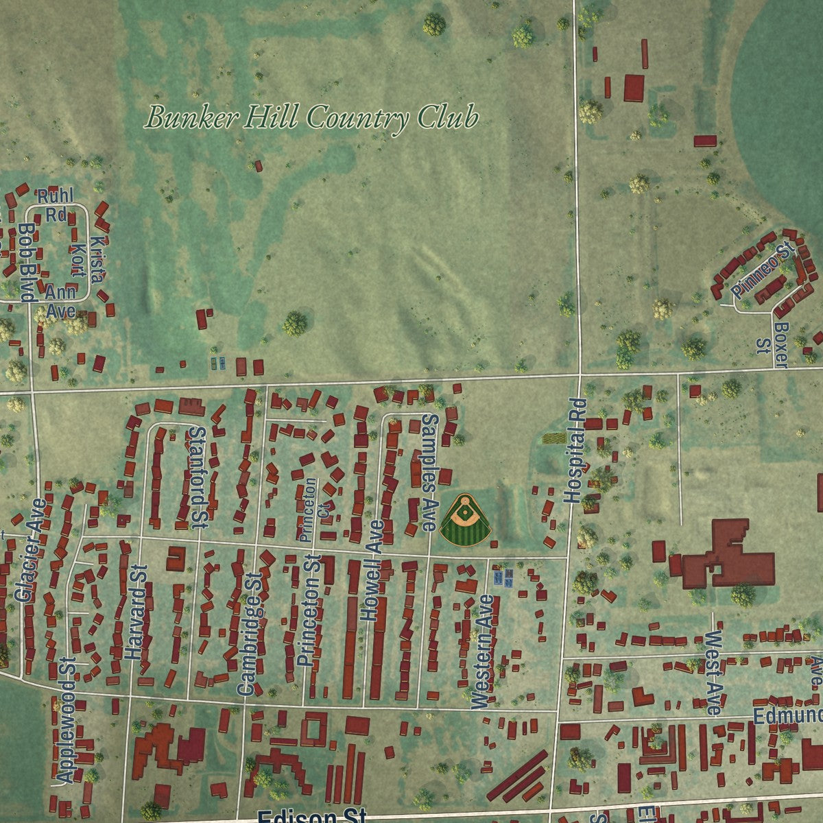 Second close-up of the map of Brush, Colorado print showing more streets and buildings