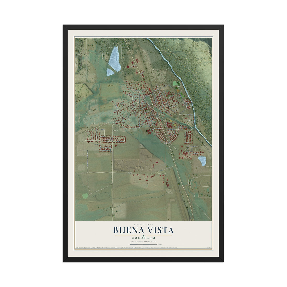 Map of Buena Vista, Colorado, 12 x 18 inch print in a black wood frame