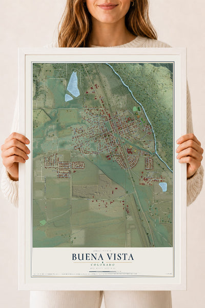 Map of Buena Vista, Colorado, 18 x 24 inch print in a white wood frame