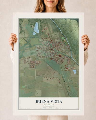 Map of Buena Vista, Colorado, 24 x 36 inch print in a white wood frame