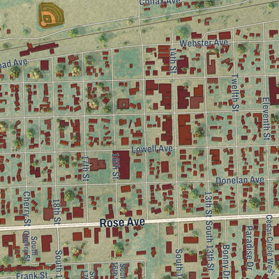 Close-up of the map of Burlington, Colorado print showing street and building detail