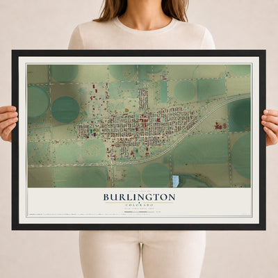 Map of Burlington, Colorado, 18 x 24 inch print in a black wood frame