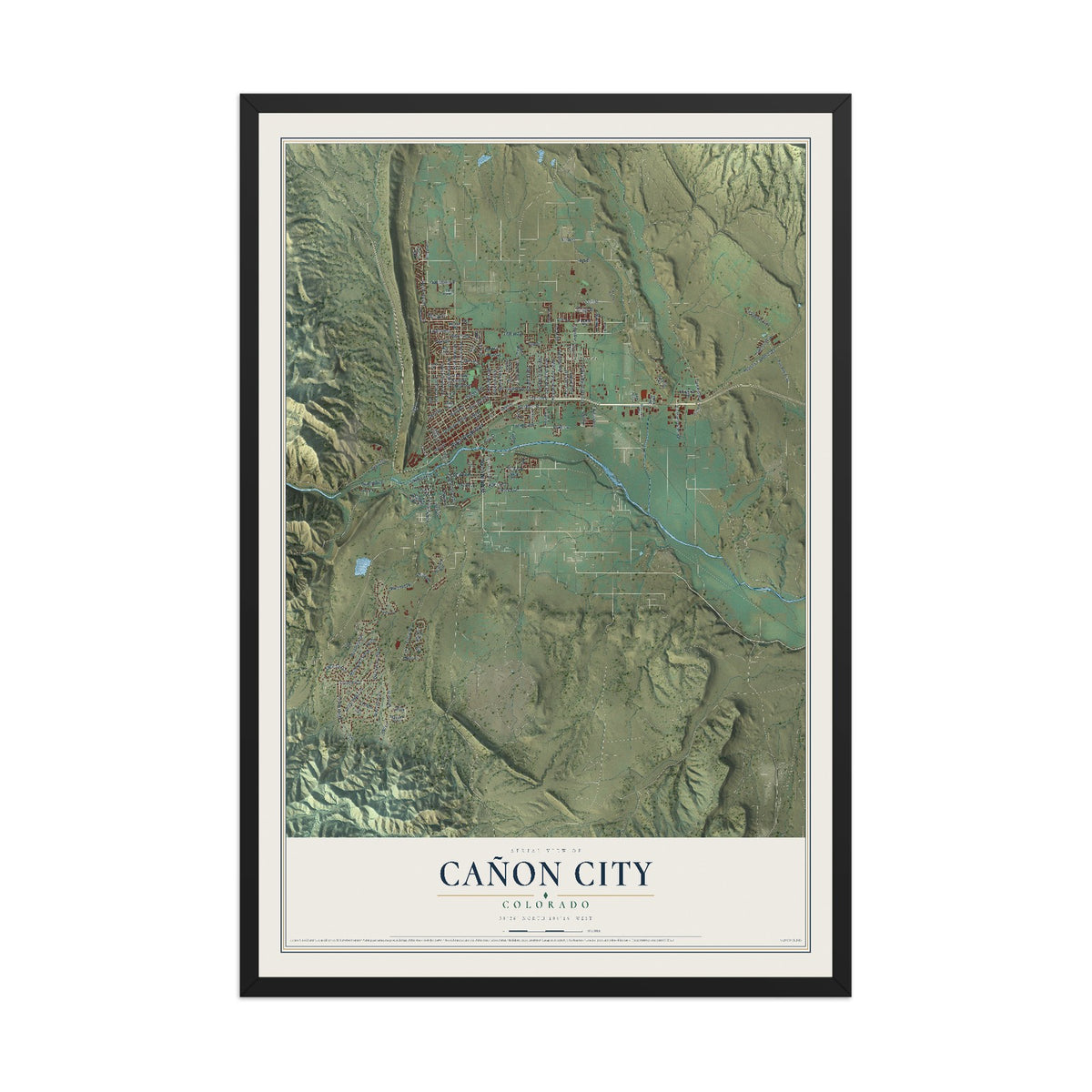 Map of Cañon City, Colorado, 12 x 18 inch print in a black wood frame