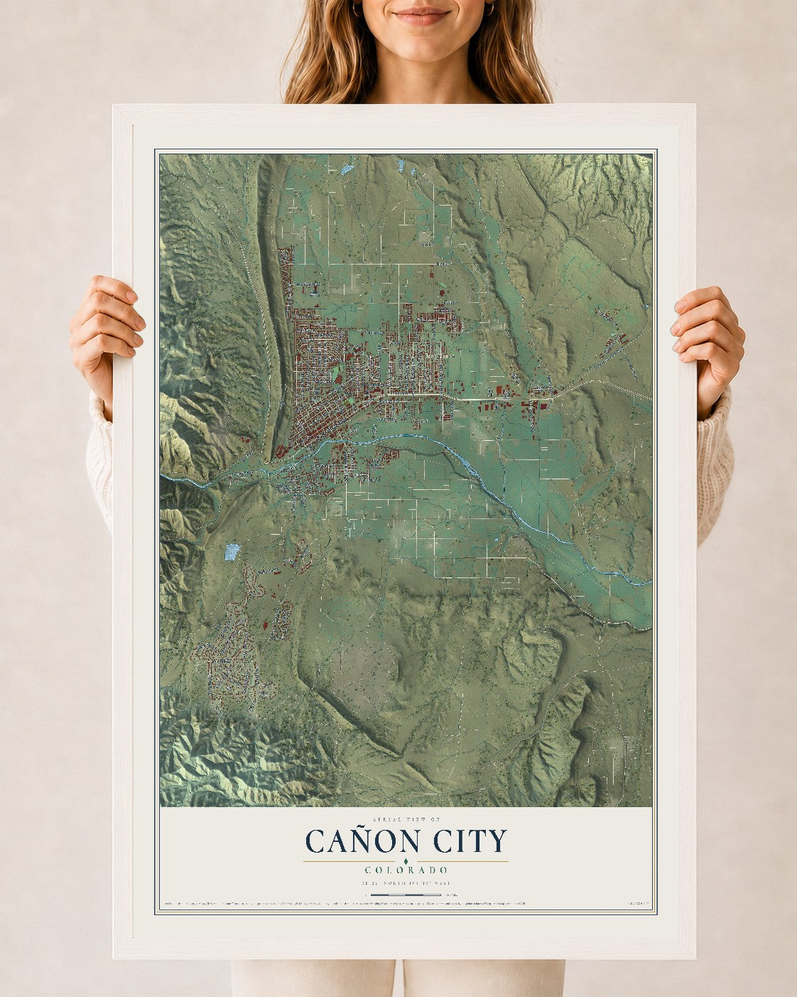Map of Cañon City, Colorado, 24 x 36 inch print in a white wood frame