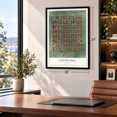 Capitol Hill, Colorado map, 18 x 24 inch print in a black frame in a home office