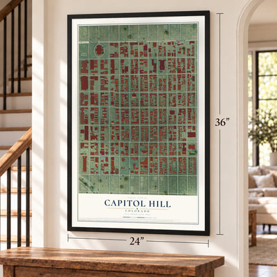 Capitol Hill, Colorado map, 24 x 36 inch print in a black frame by a staircase