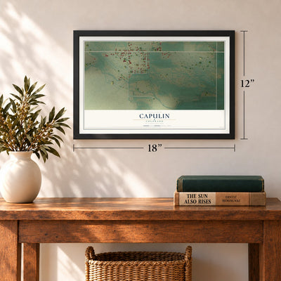 Capulin, Colorado map, 12 x 18 inch print in a black frame in an entryway