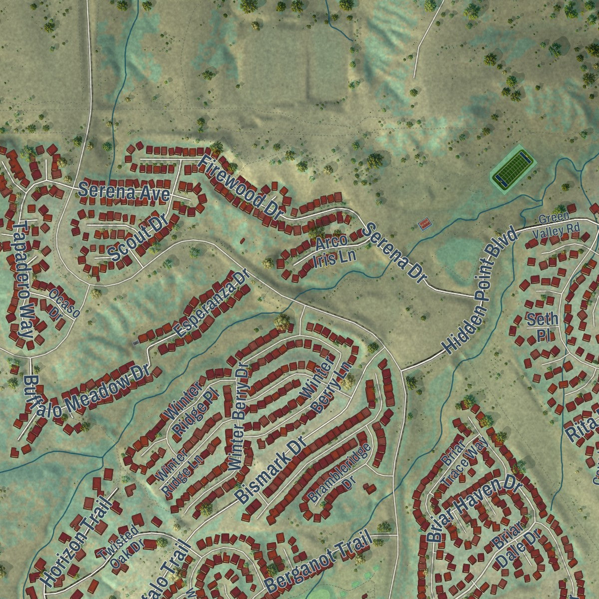 Second close-up of the map of Castle Pines, Colorado print showing more streets and buildings