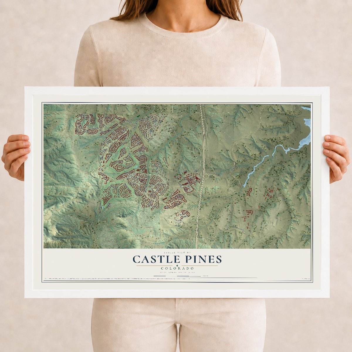 Map of Castle Pines, Colorado, 12 x 18 inch print in a white wood frame