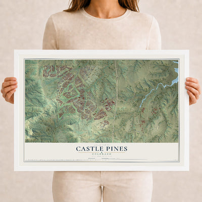 Map of Castle Pines, Colorado, 12 x 18 inch print in a white wood frame