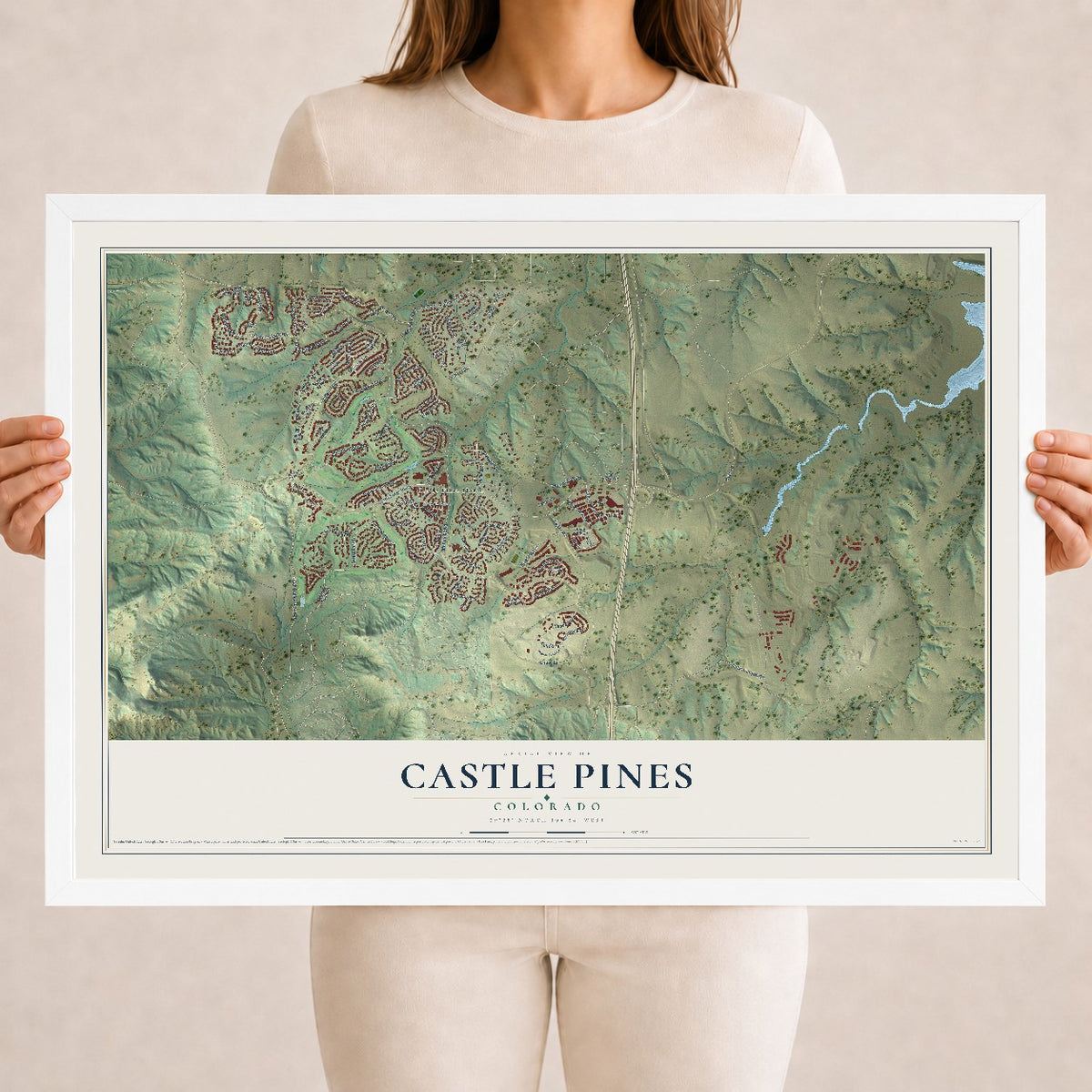 Map of Castle Pines, Colorado, 18 x 24 inch print in a white wood frame
