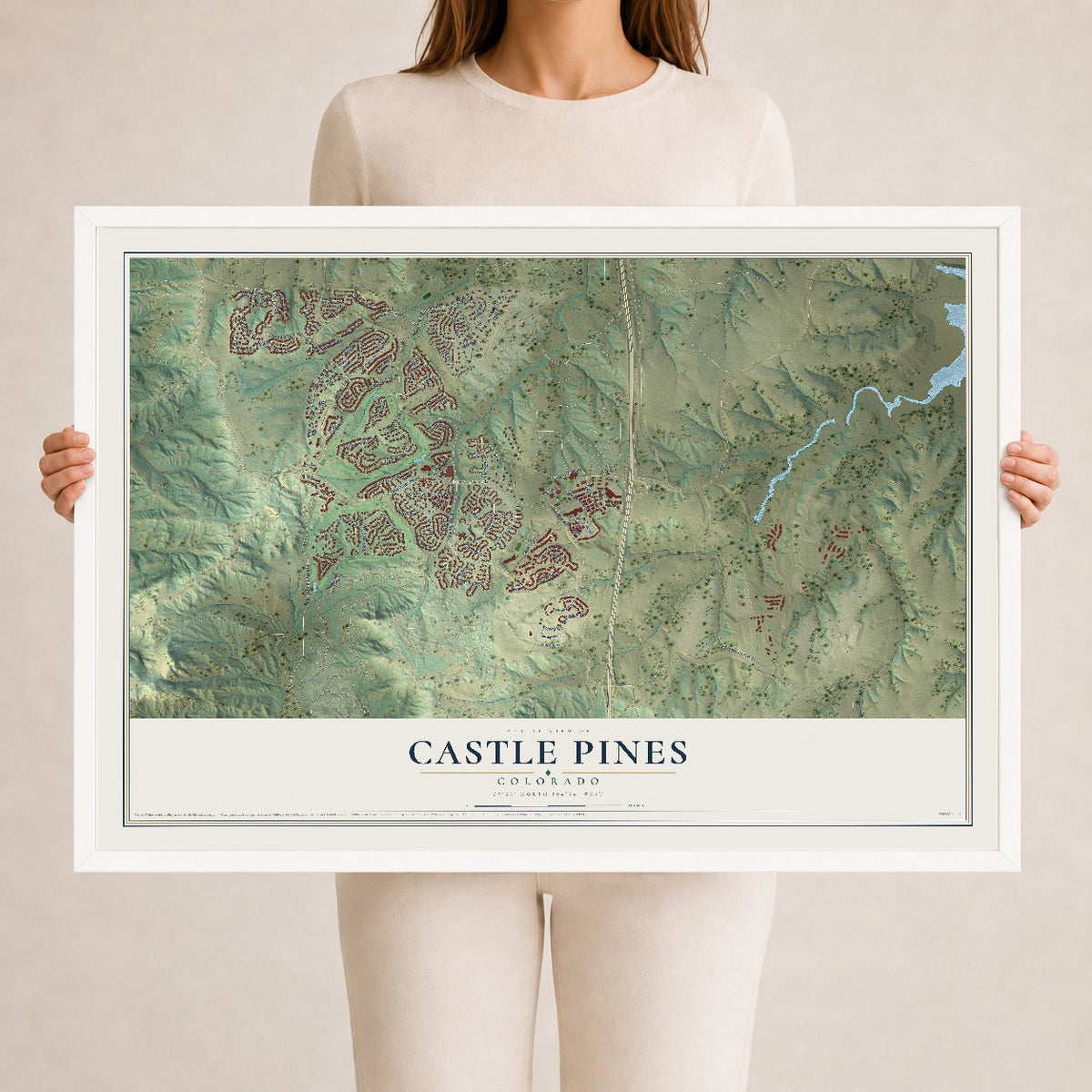 Map of Castle Pines, Colorado, 24 x 36 inch print in a white wood frame