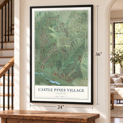 Castle Pines Village, Colorado map, 24 x 36 inch print in a black frame by a staircase