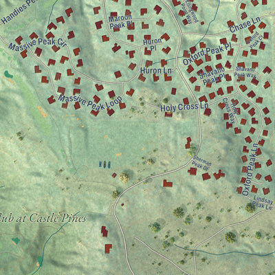 Close-up of the map of Castle Pines Village, Colorado print showing street and building detail