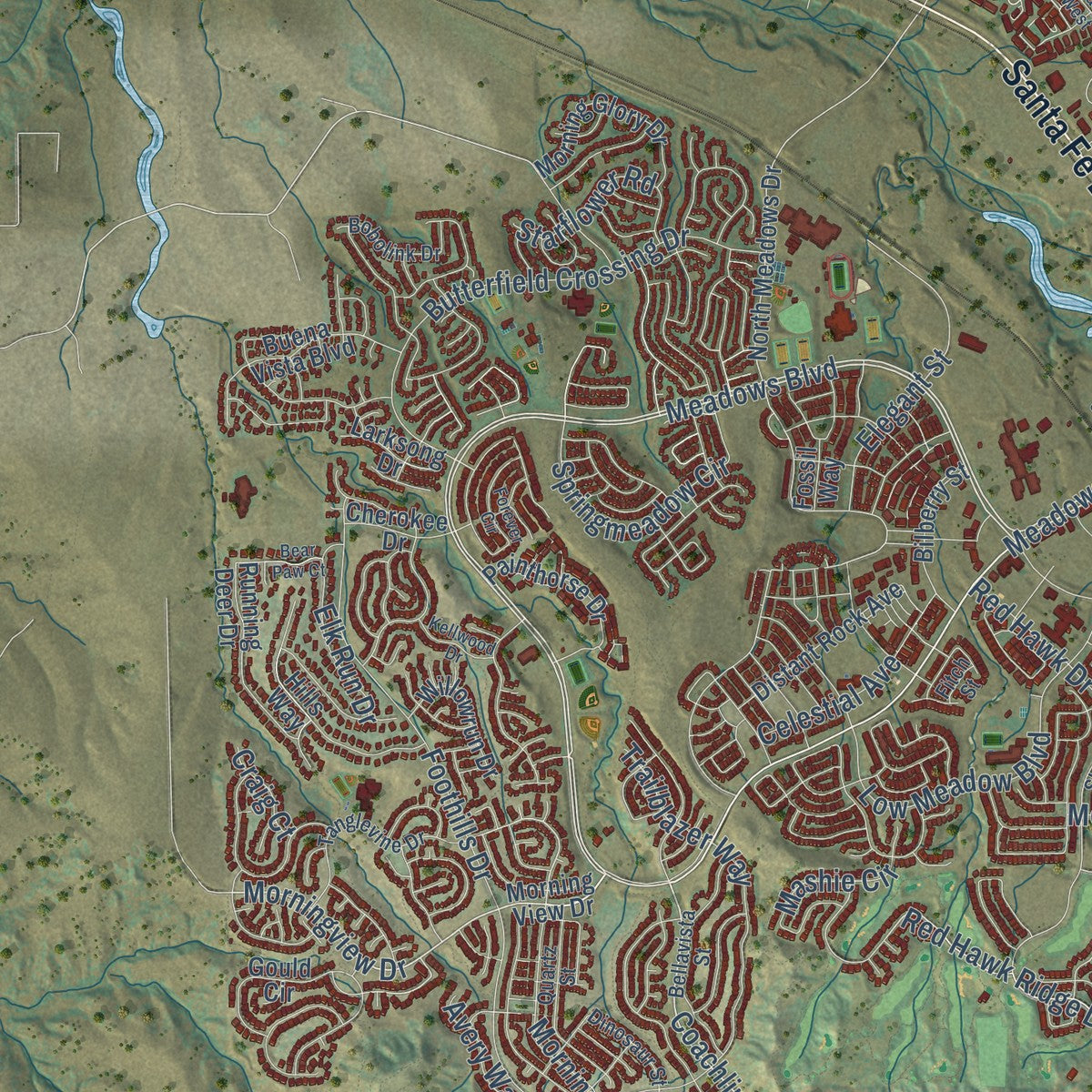 Second close-up of the map of Castle Rock, Colorado print showing more streets and buildings