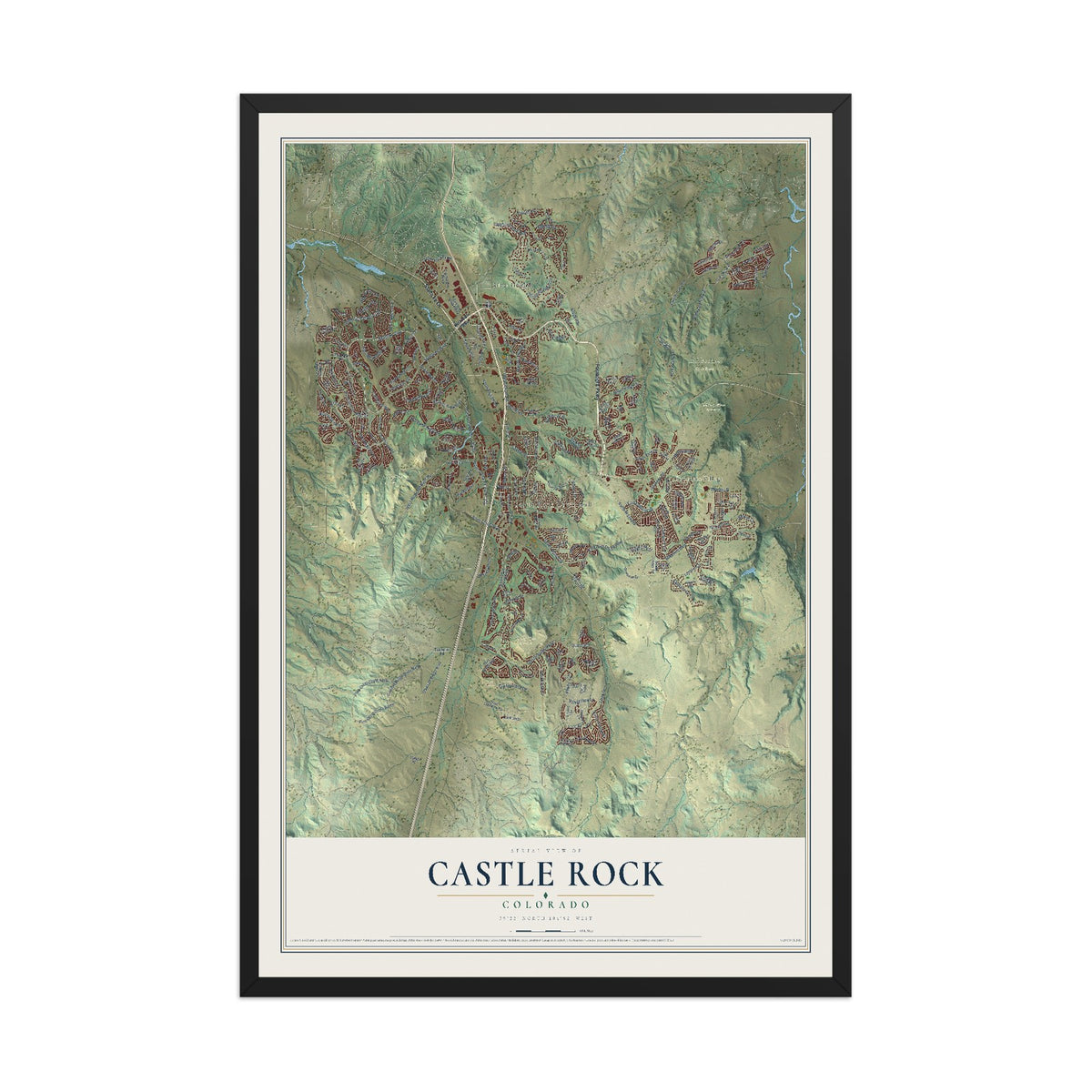 Map of Castle Rock, Colorado, 12 x 18 inch print in a black wood frame