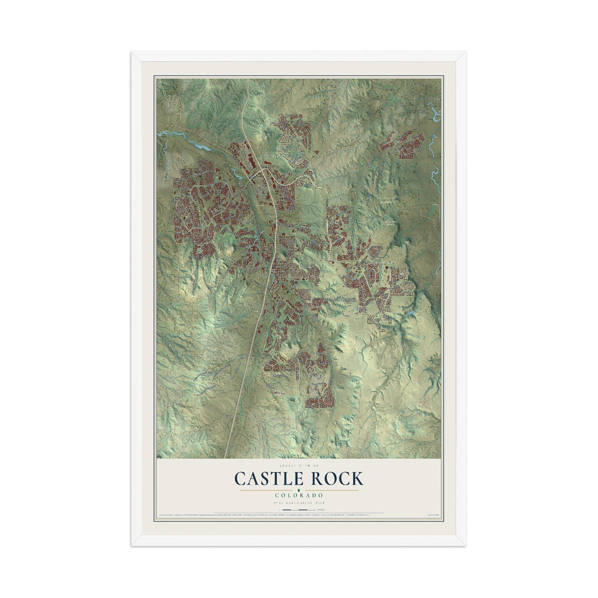 Map of Castle Rock, Colorado, 12 x 18 inch print in a white wood frame