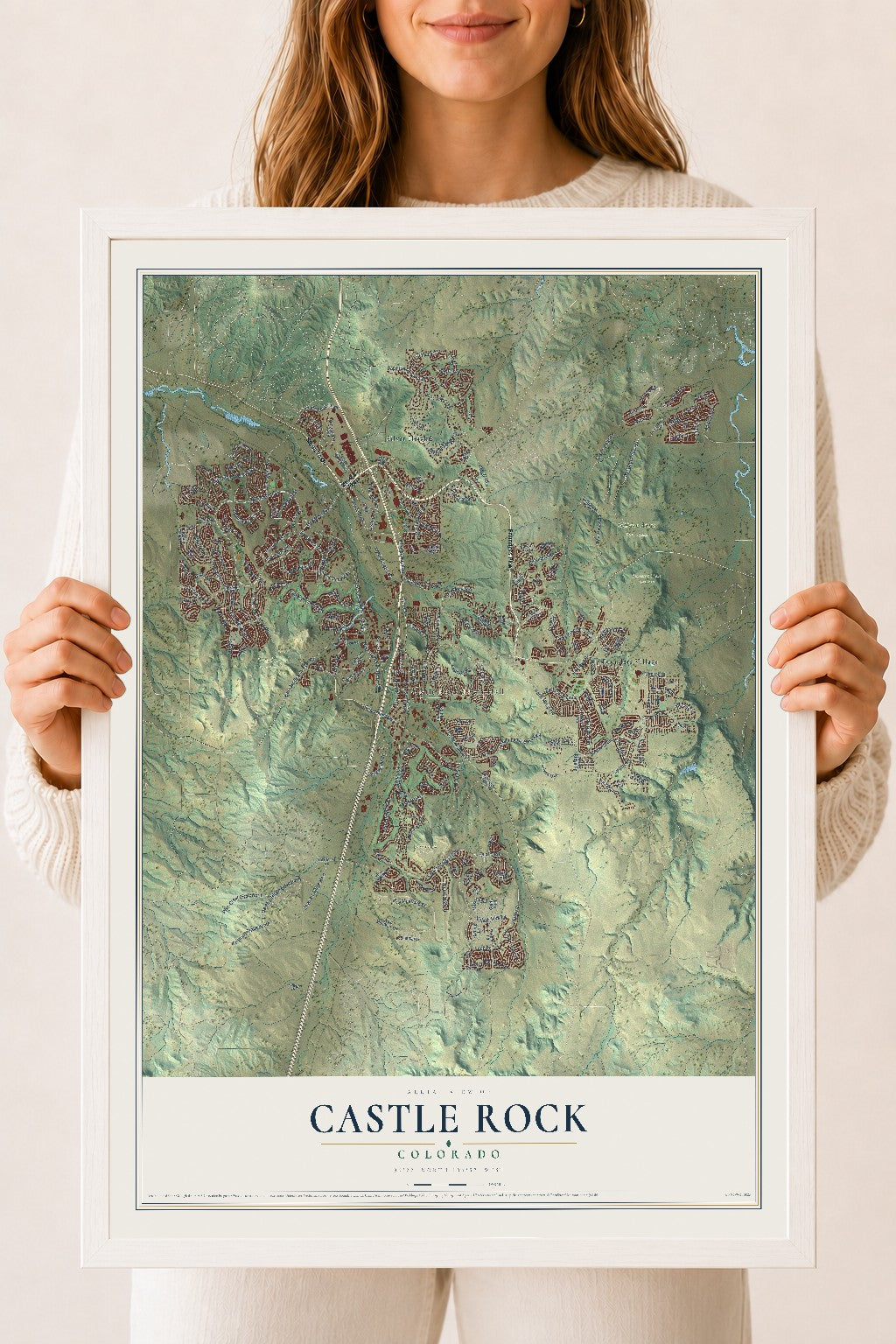 Map of Castle Rock, Colorado, 18 x 24 inch print in a white wood frame