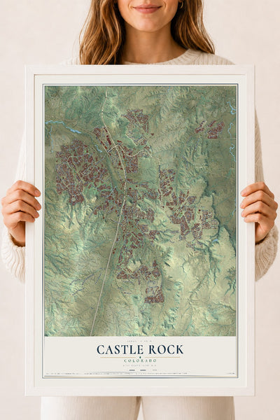 Map of Castle Rock, Colorado, 18 x 24 inch print in a white wood frame